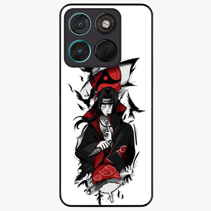 Itachi Sharingan Glass Case showing flat back view with powerful anime eye artwork and glossy glass finish.