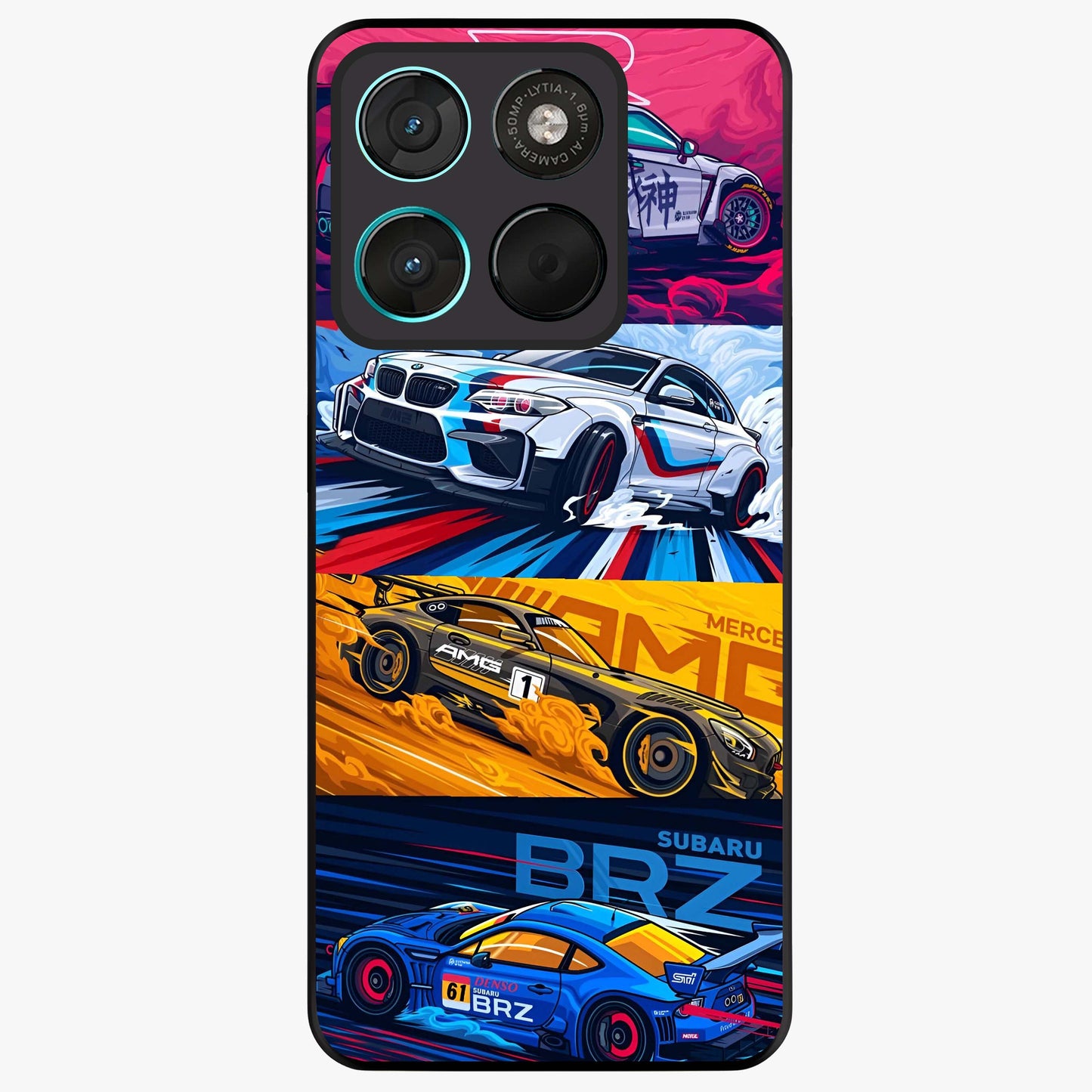 JDM Sports Car Glass Case showing flat back view with high performance sports car artwork and glossy glass finish.