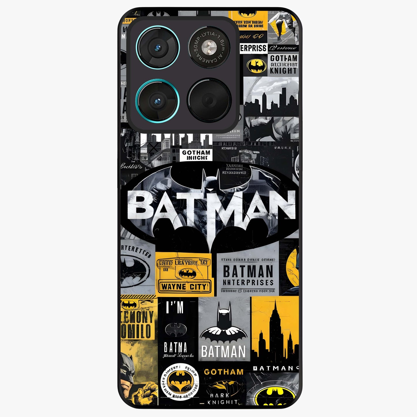 Knight Gotham Rise Glass Case showing flat back view with dark hero inspired artwork and glossy glass finish.