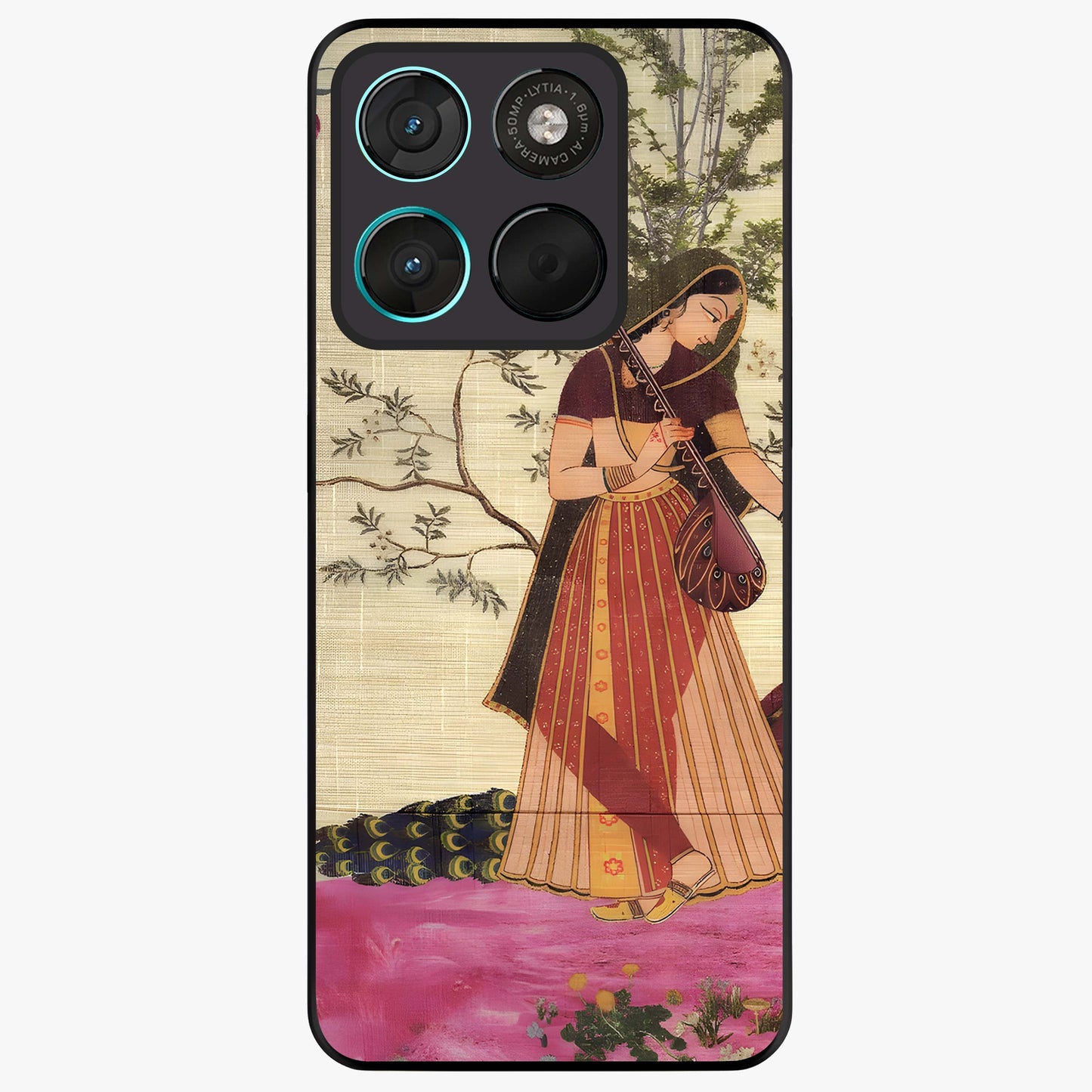 Lady With Veena Art Glass Case showing flat back view with elegant woman playing veena artwork and glossy glass finish.