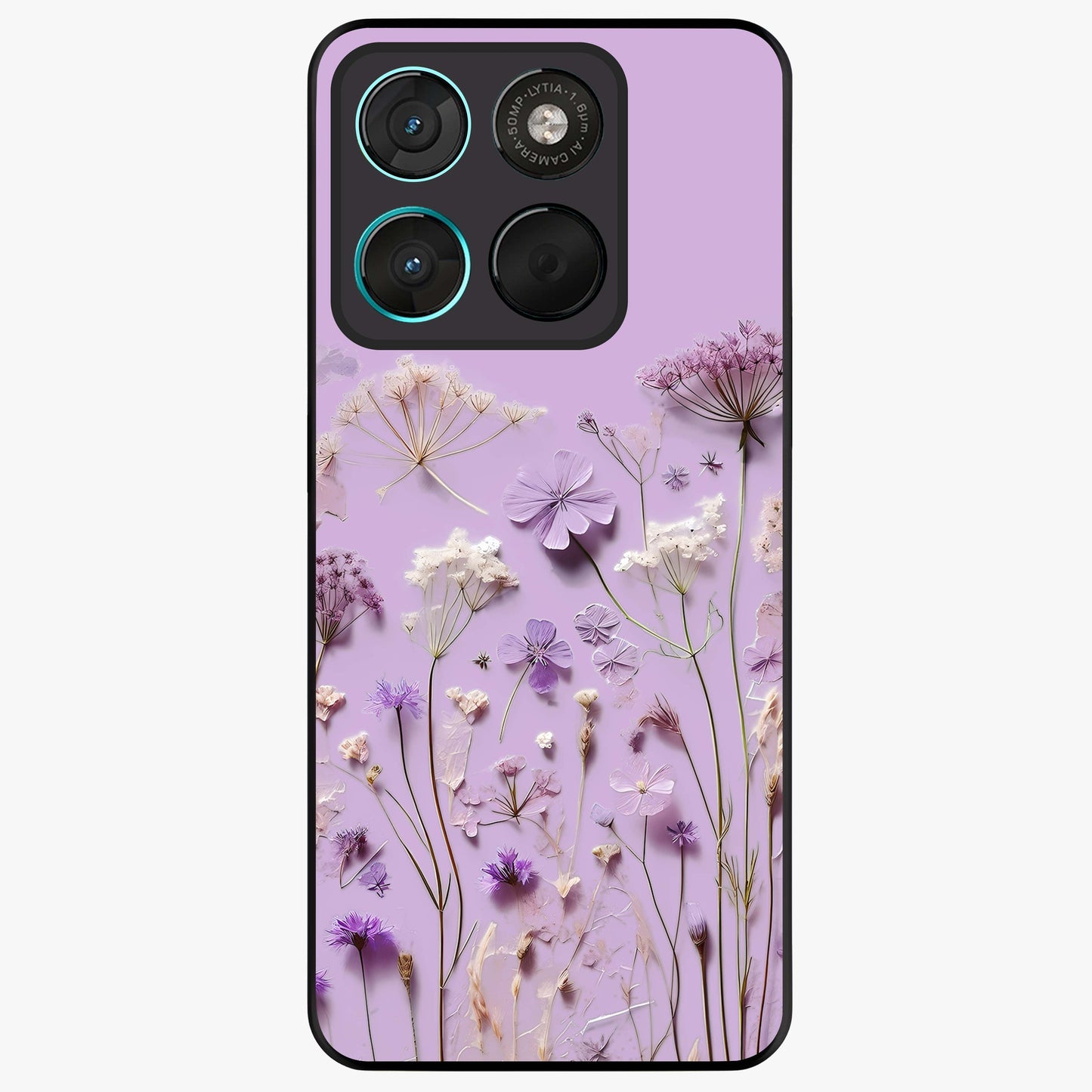 Lavender Blossom Dream Glass Case showing flat back view with soft lavender floral artwork and glossy glass finish.