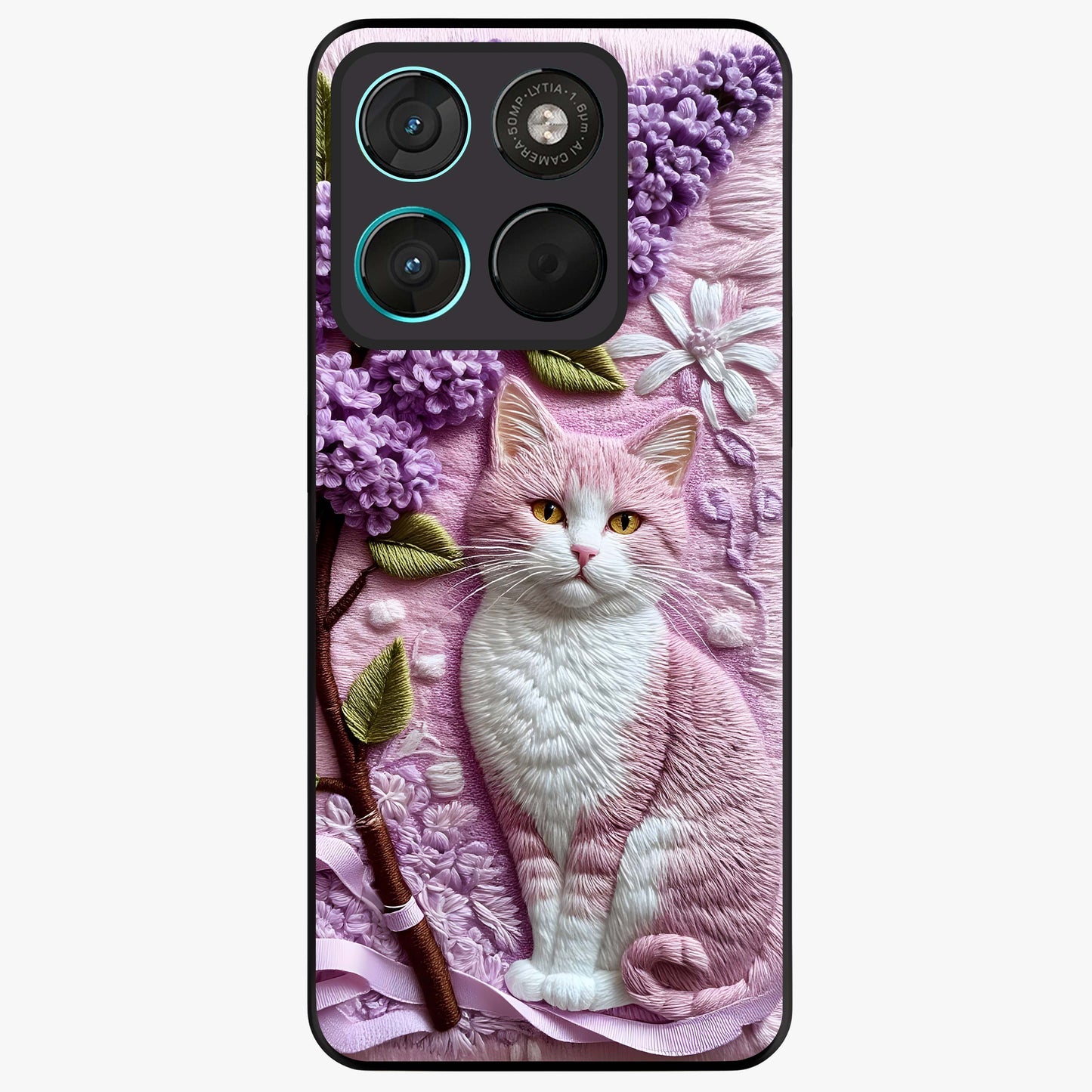 Lavender Cat Whimsy Glass Case showing flat back view with cute lavender cat artwork and glossy glass finish.