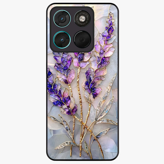 Lavender Dream Glow Glass Case showing flat back view with glowing lavender aesthetic artwork and glossy glass finish.