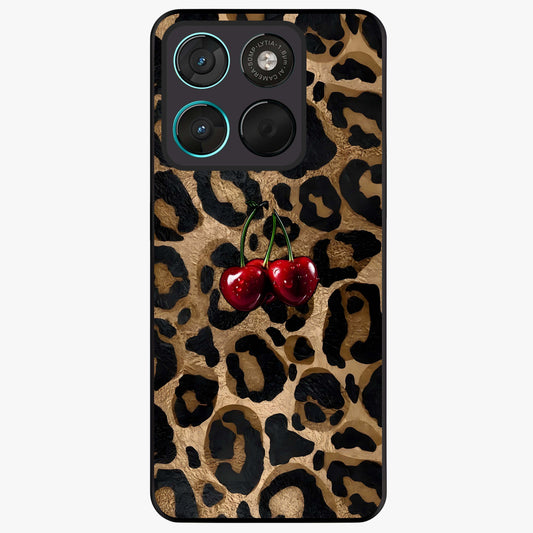 Leopard Wild Cherry Glass Case showing flat back view with leopard pattern and cherry artwork and glossy glass finish.