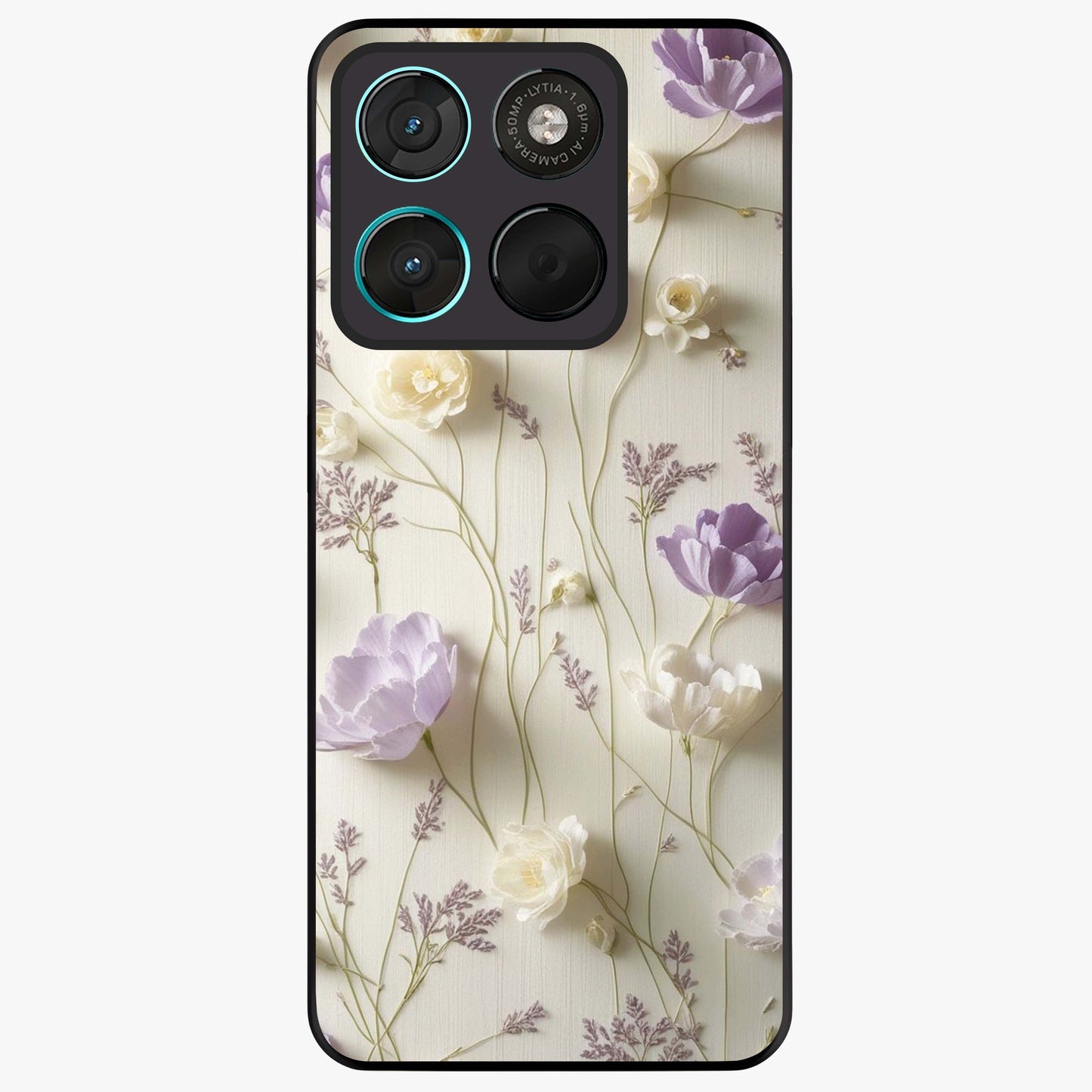 Lilac Breeze Harmony Glass Case showing flat back view with soft lilac themed artwork and glossy glass finish.