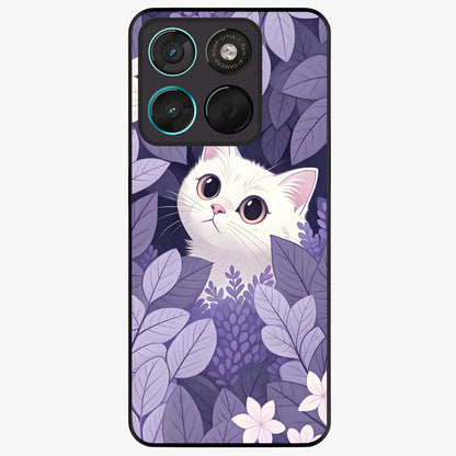 Lilac Hide Peek Cat Glass Case showing flat back view with cute peeking cat artwork and glossy glass finish.