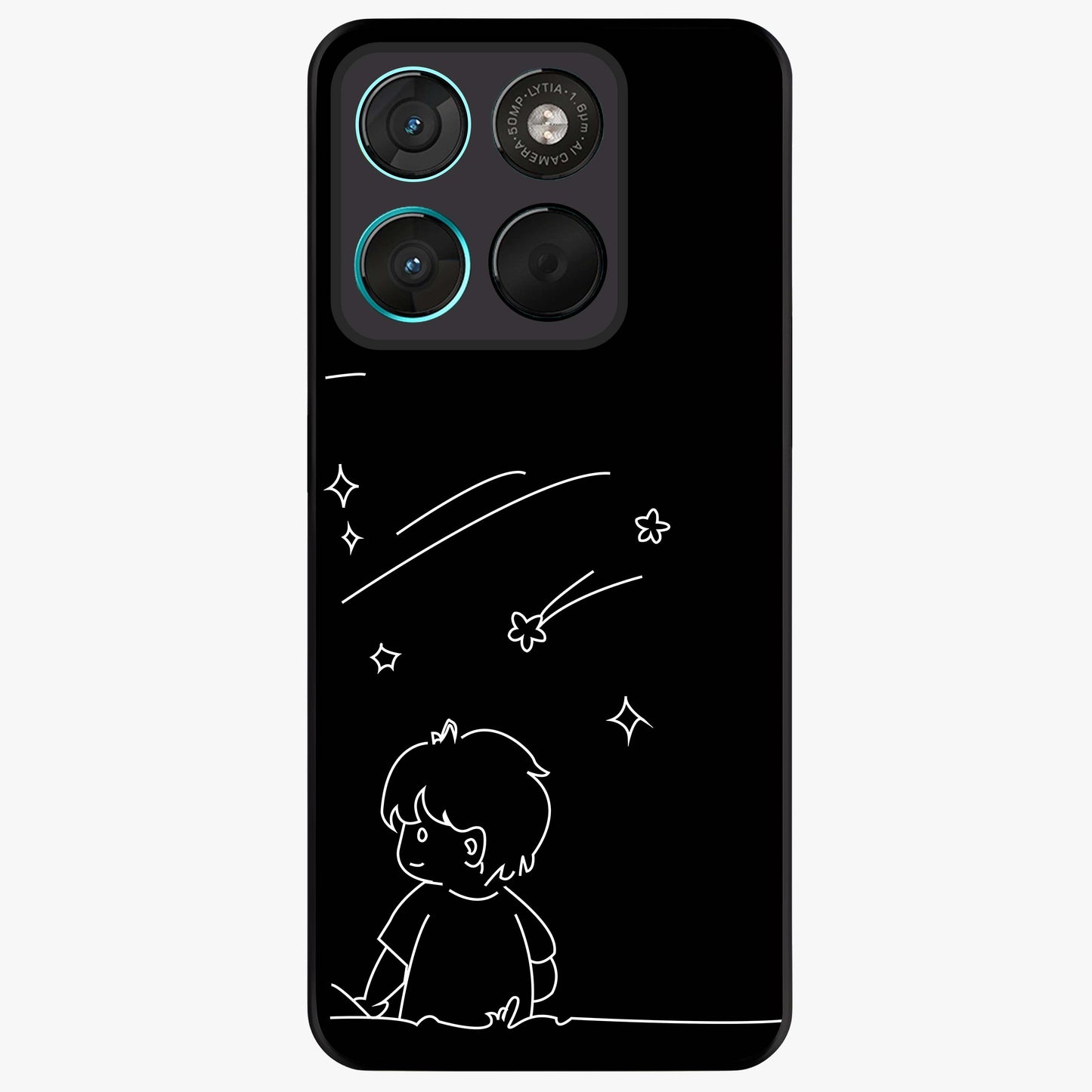 Line Art Boy With Shooting Stars Glass Case showing flat back view with minimal line art boy and shooting stars illustration and glossy glass finish.