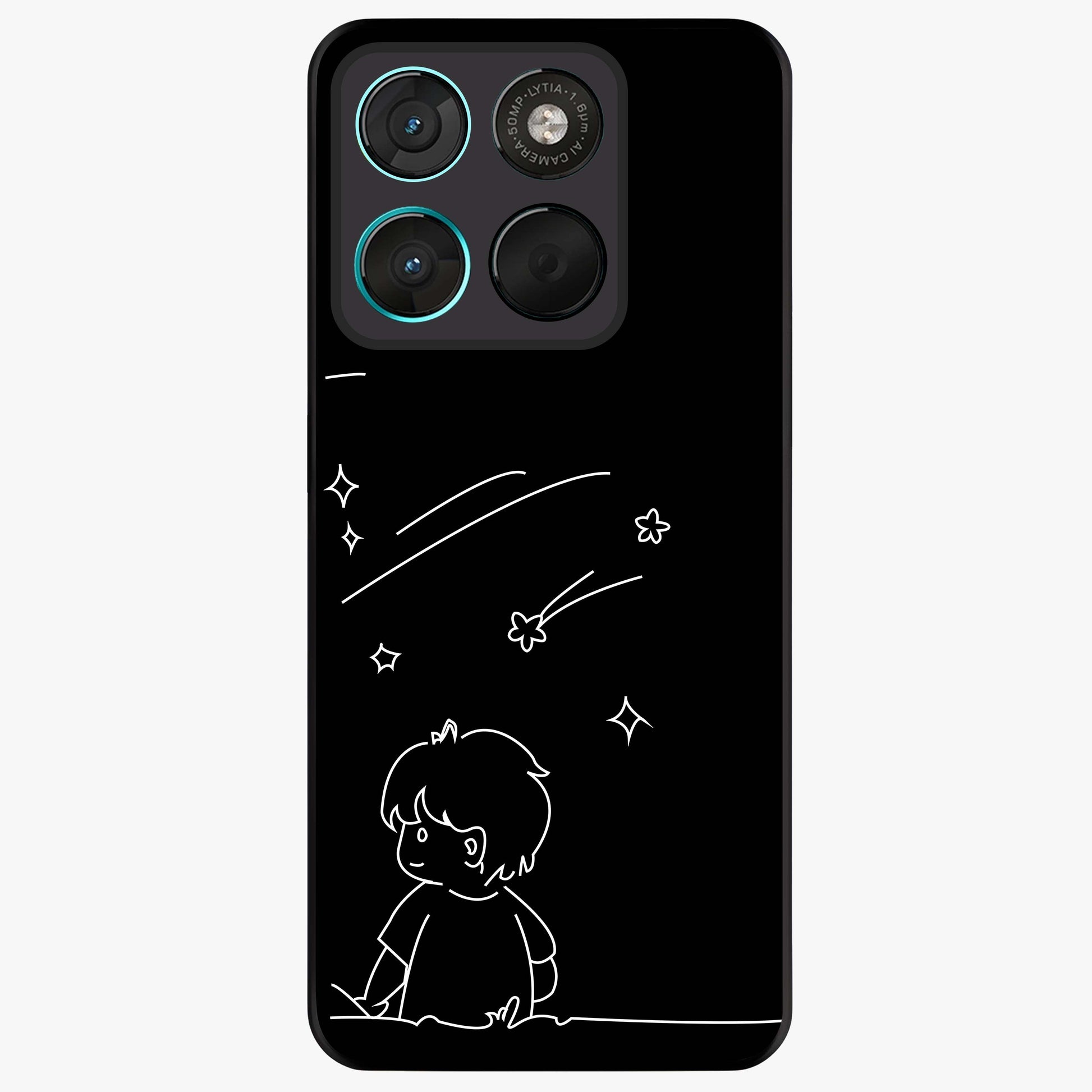 Line Art Boy With Shooting Stars Glass Case showing flat back view with minimal line art boy and shooting stars illustration and glossy glass finish.