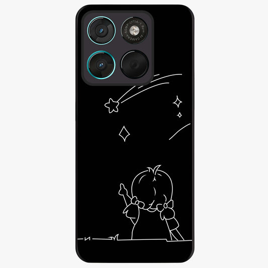 Line Art Girl With Shooting Stars Glass Case showing flat back view with minimal line art girl and shooting stars illustration and glossy glass finish.