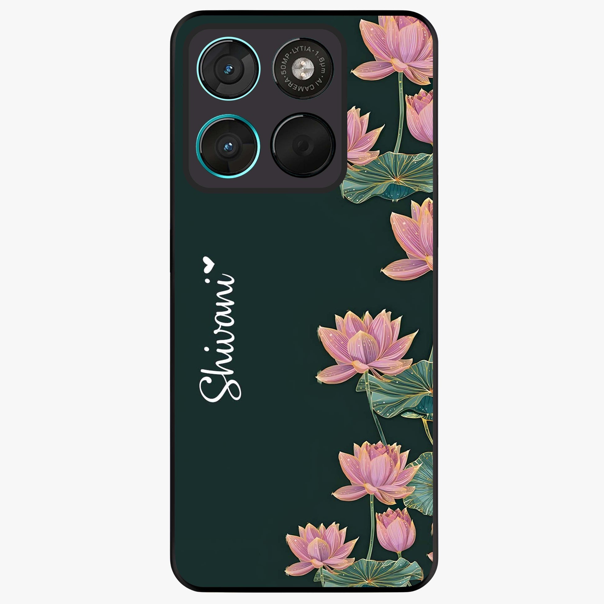 Lotus Bloom Serenity Custom Name Glass Case showing flat back view with elegant lotus flower artwork and personalized name design.