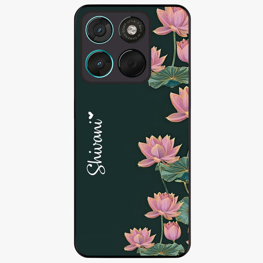 Lotus Bloom Serenity Custom Name Glass Case showing flat back view with elegant lotus flower artwork and personalized name design.