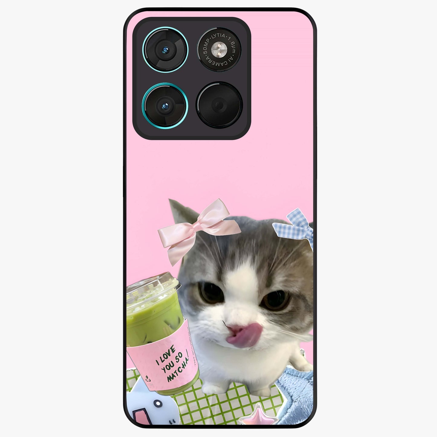 Love Matcha Cat Glass Case showing flat back view with cute cat and matcha themed artwork and glossy glass finish.