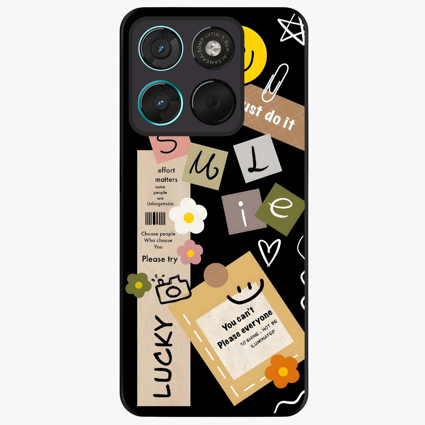 Lucky Aesthetic Collage Glass Case showing flat back view with trendy aesthetic collage artwork and glossy glass finish.