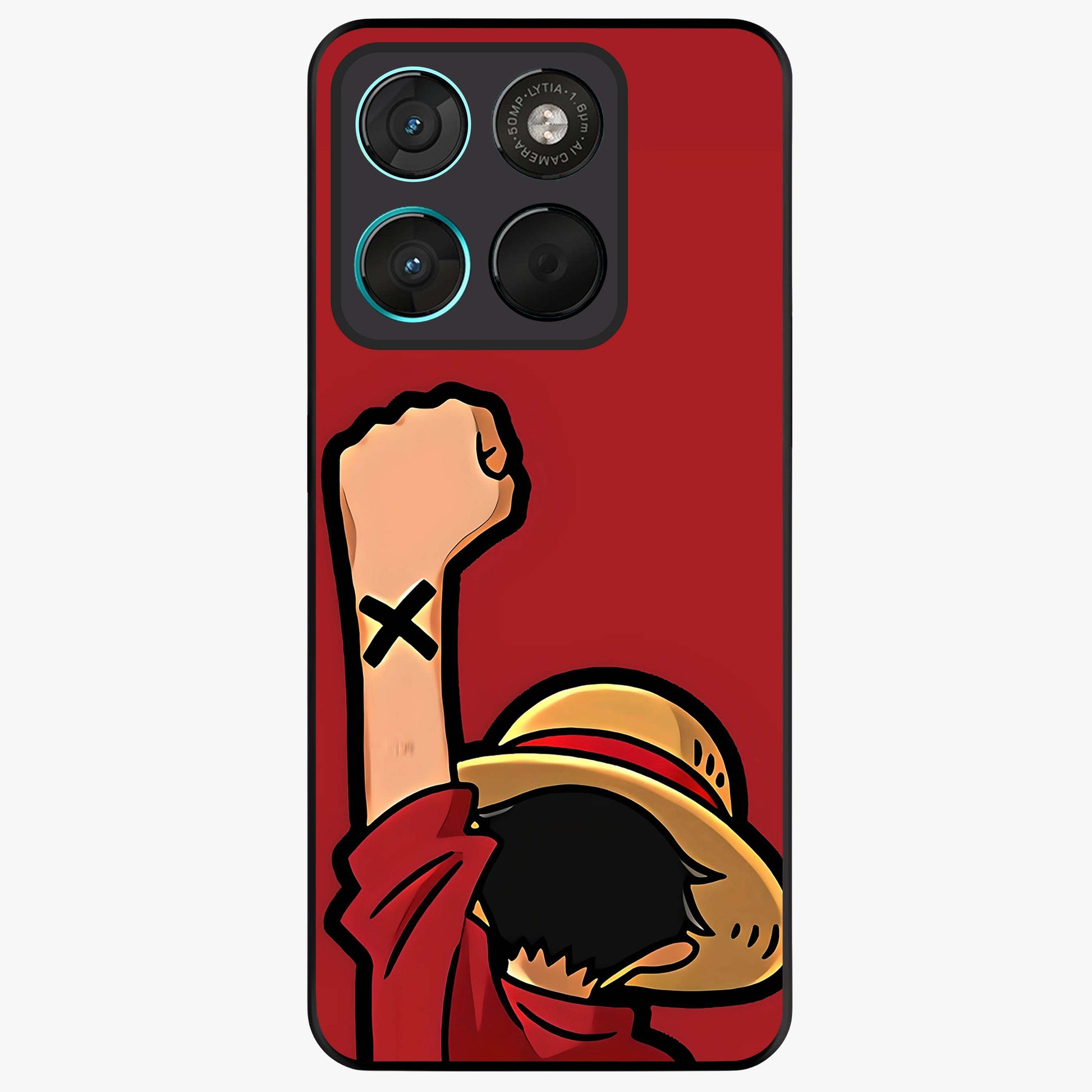 Luffy X Spirit Glass Case showing flat back view with bold anime character artwork and glossy glass finish.