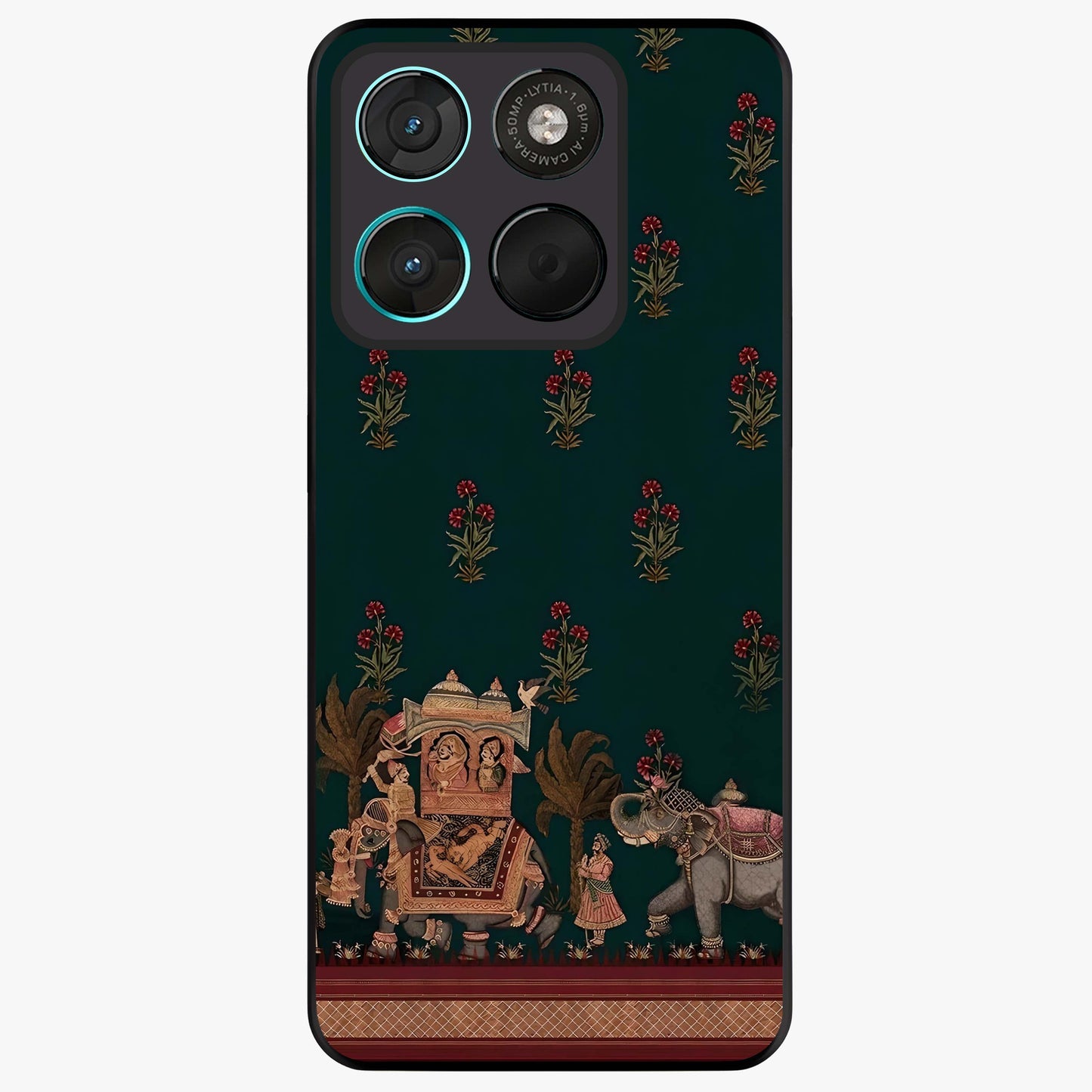 Macmerise Glass Case showing flat back view with stylish modern artwork and glossy glass finish.
