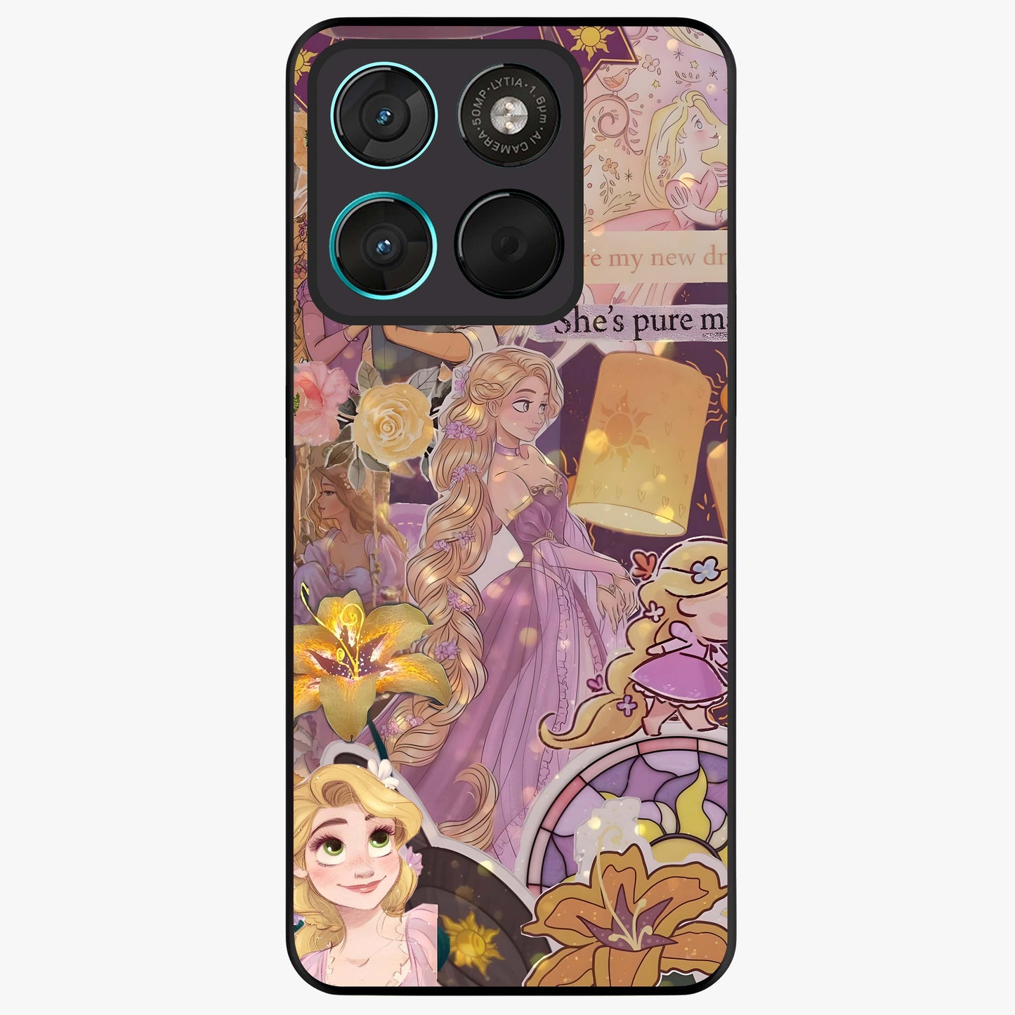 Magical Tangled Dream Glass Case showing flat back view with dreamy tangled artwork and glossy glass finish.