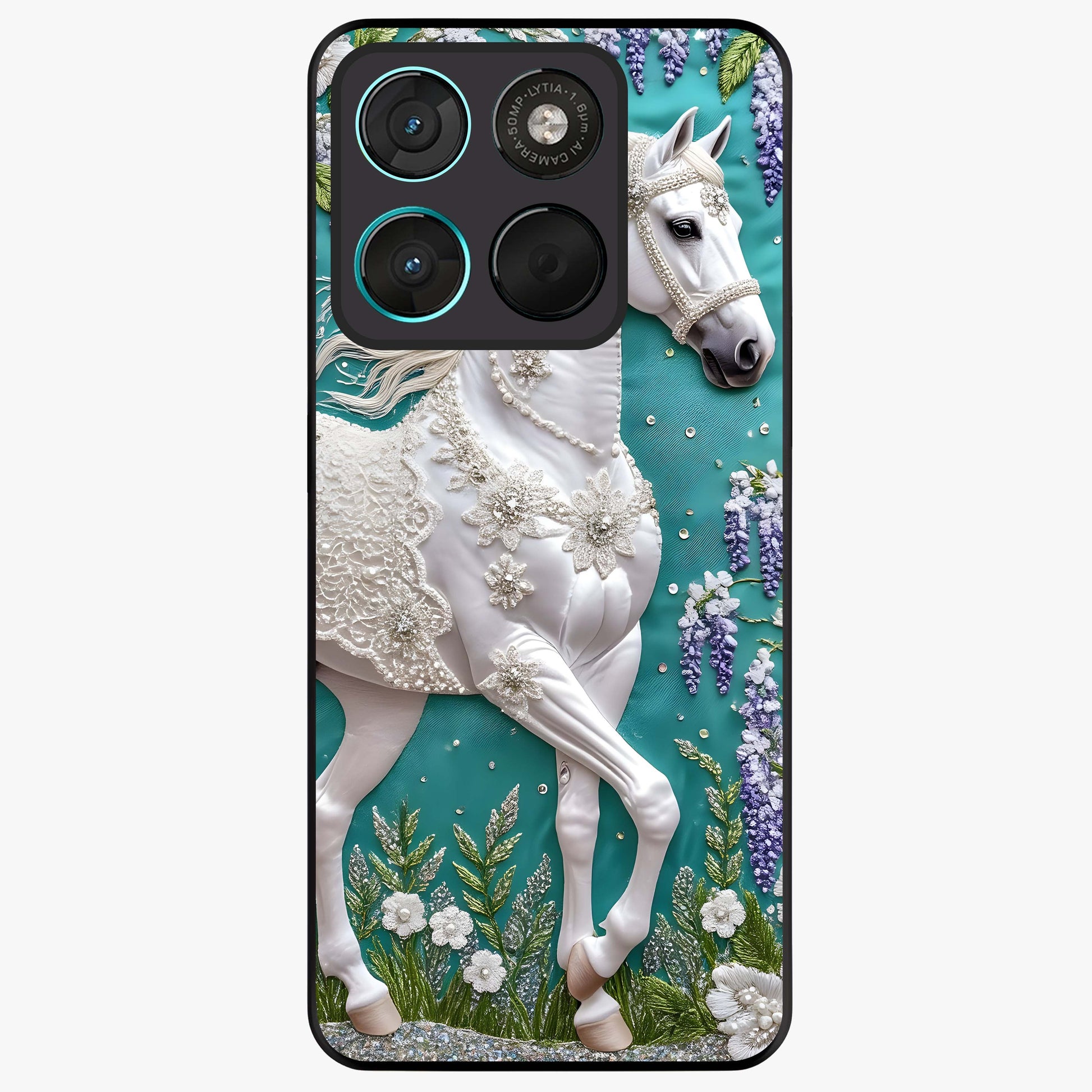Majestic Floral Stallion Glass Case showing flat back view with powerful horse and floral artwork and glossy glass finish.