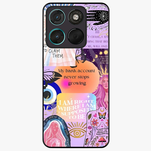 Manifestation Collage Glass Case showing flat back view with motivational collage artwork and glossy glass finish.