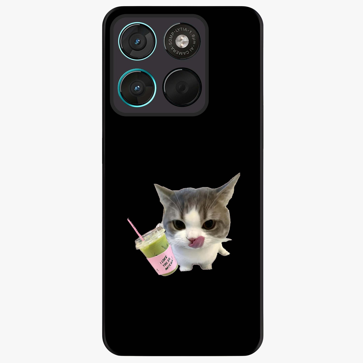 Matcha Cat Style Glass Case showing flat back view with cute matcha themed cat artwork and glossy glass finish.
