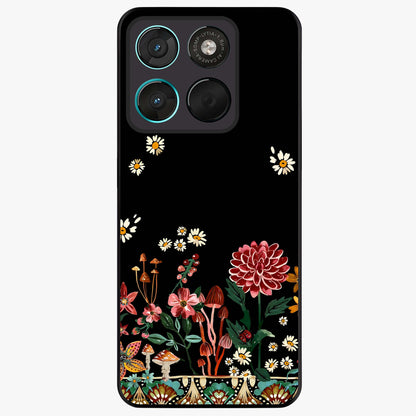Midnight Bloom Pattern Glass Case showing flat back view with dark floral pattern artwork and glossy glass finish.