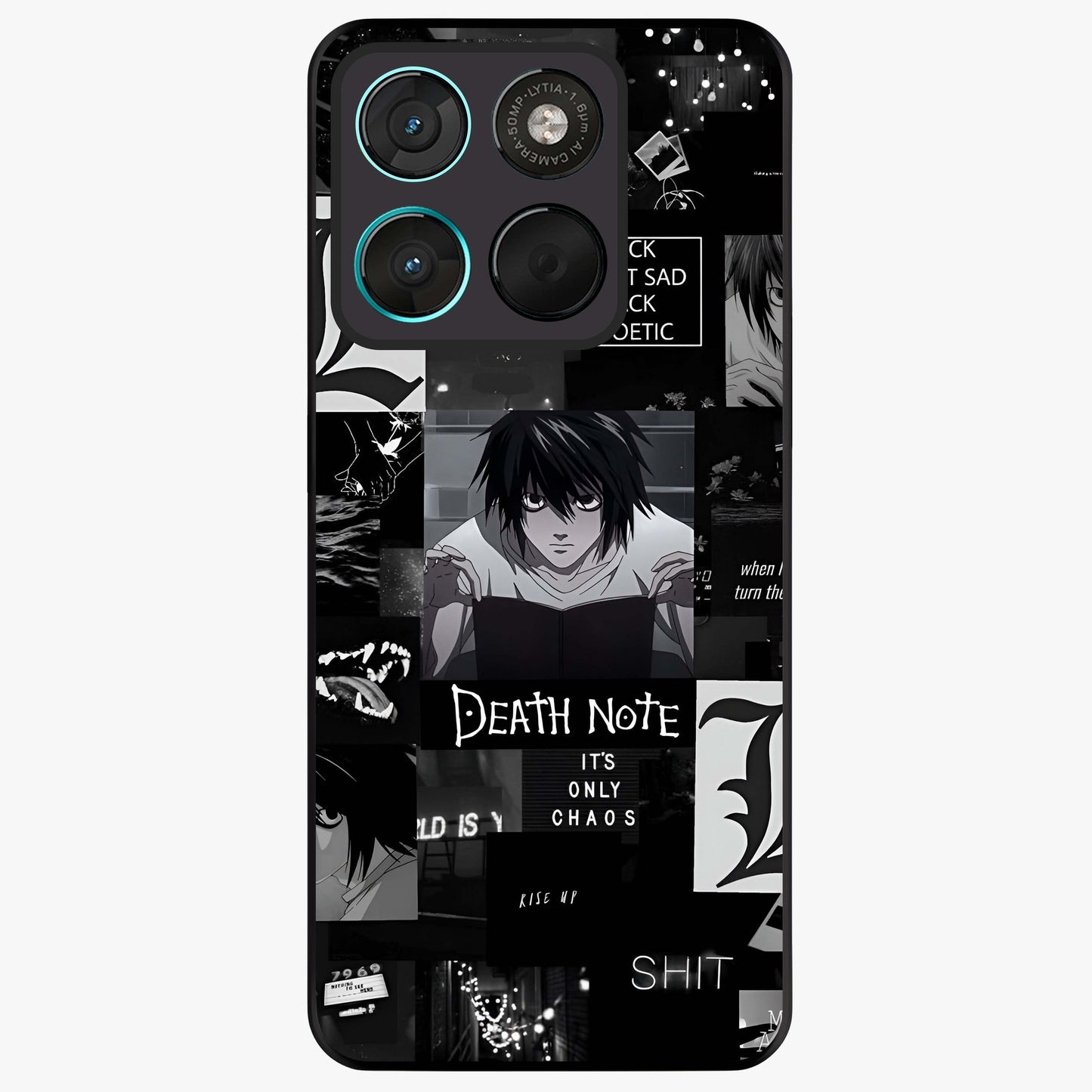 Midnight Chaos Mind Glass Case showing flat back view with abstract dark themed artwork and glossy glass finish.