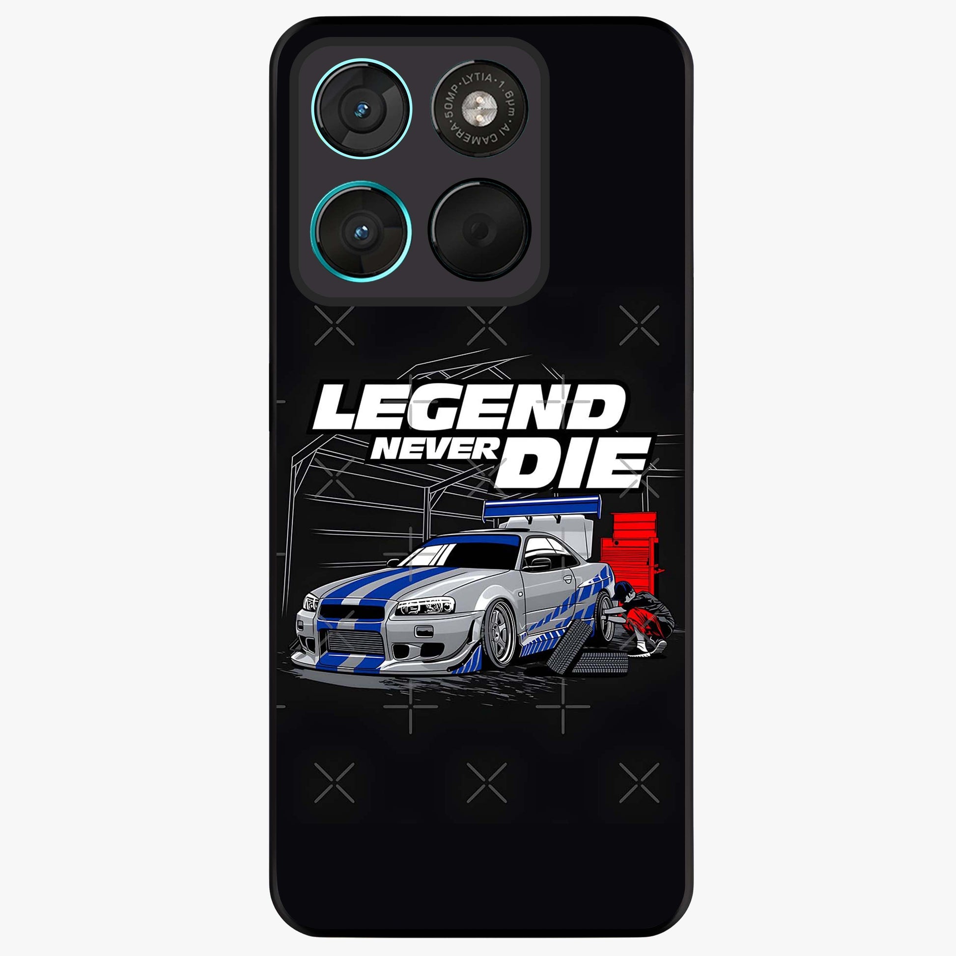Midnight Racing Legacy Glass Case showing flat back view with sleek racing inspired artwork and glossy glass finish.