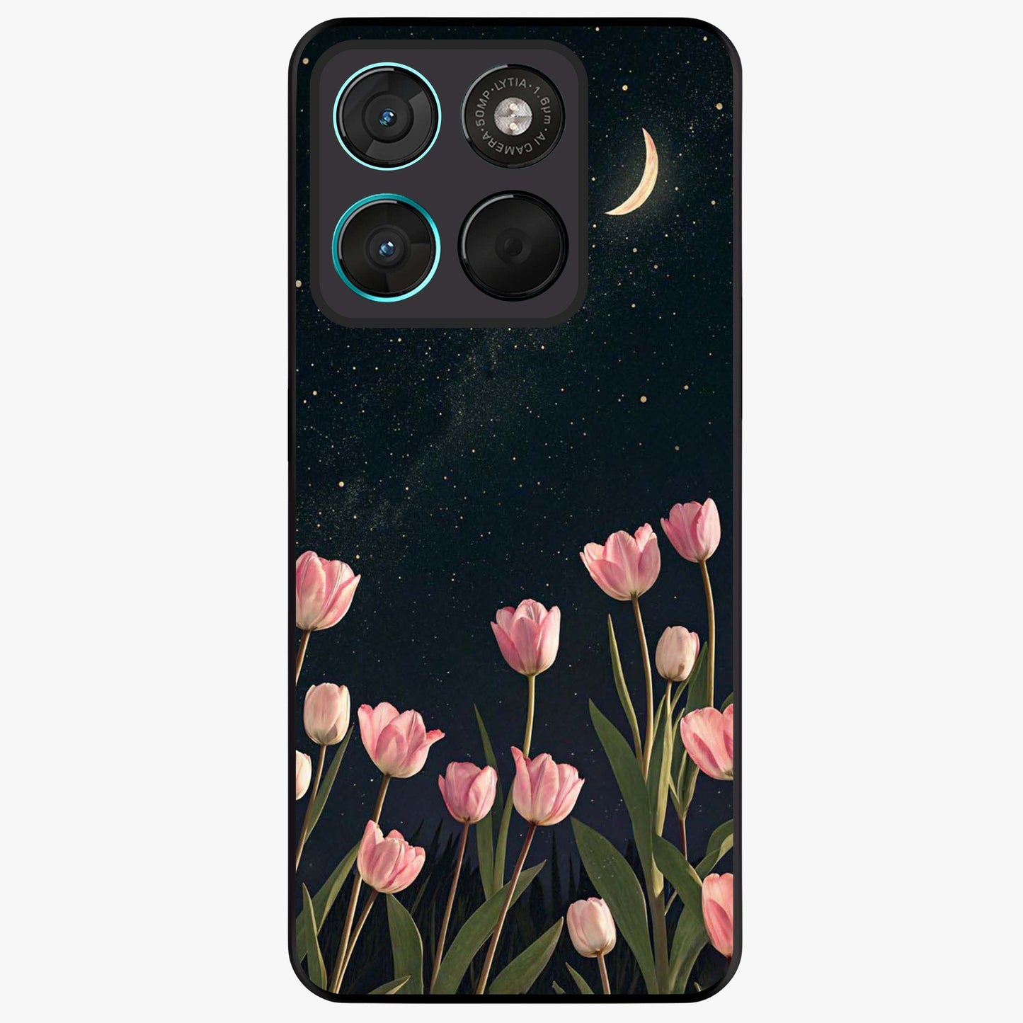 Midnight Tulip Whispers Vibe Glass Case showing flat back view with elegant tulip flower artwork and glossy glass finish.