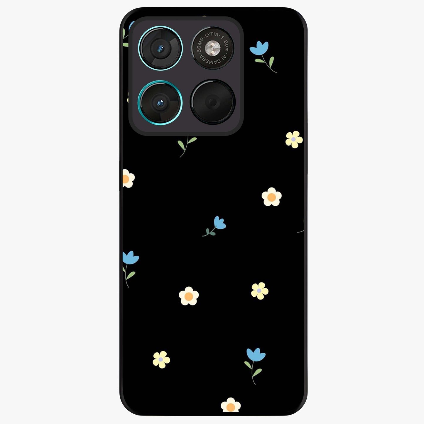 Minimalistic Blue With White Flower Pattern Glass Case showing flat back view with blue background and white flower pattern and glossy glass finish.
