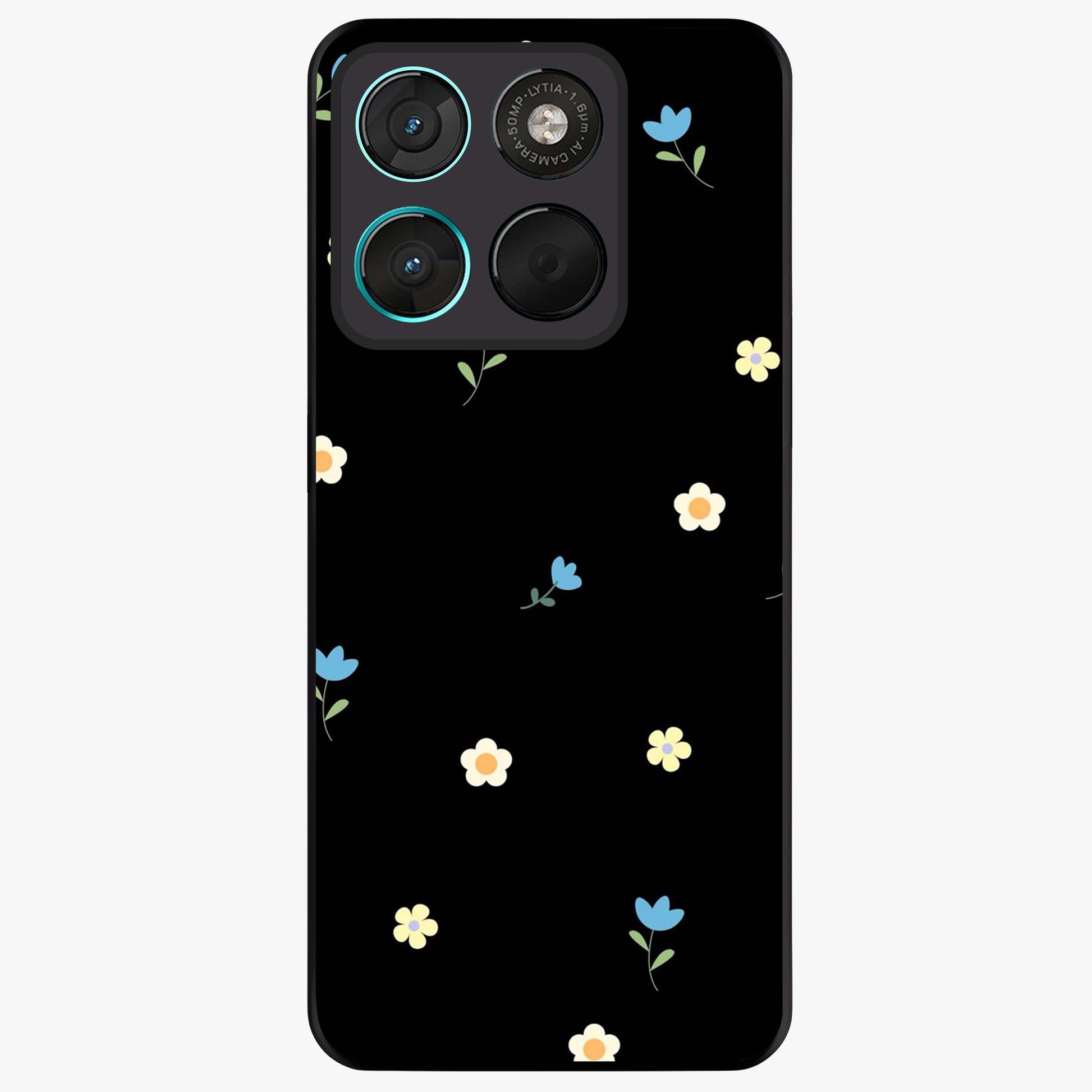 Minimalistic Blue With White Flower Pattern Glass Case showing flat back view with blue background and white flower pattern and glossy glass finish.