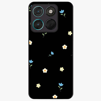 Minimalistic Blue With White Flower Pattern Glass Case showing flat back view with blue background and white flower pattern and glossy glass finish.