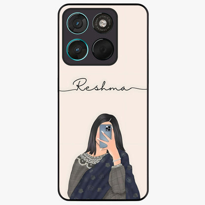 Mirror Mood Muse With Custom Name Glass Case showing flat back view with stylish mirrored artwork and personalized name design.