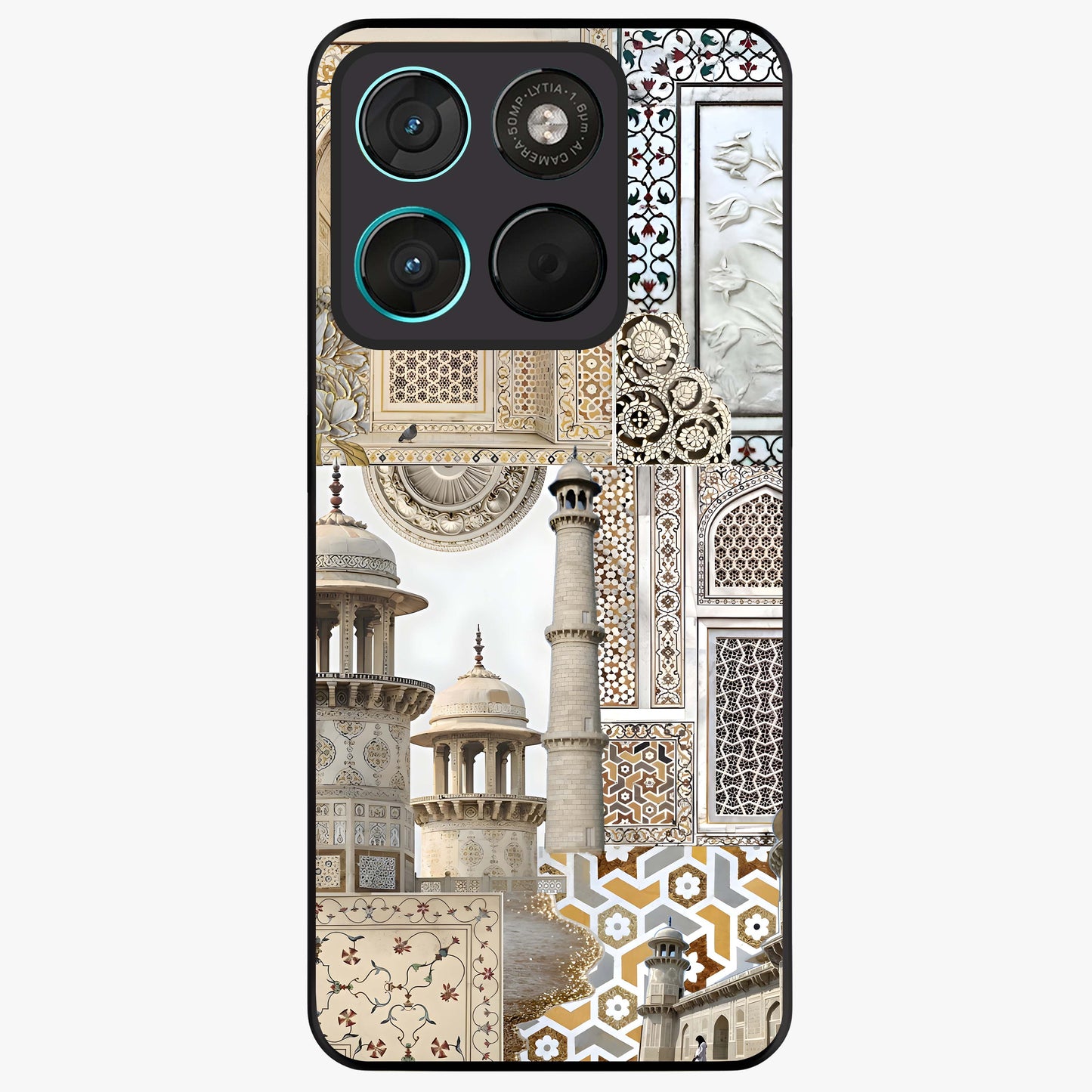 Mughal Marble Legacy Glass Case showing flat back view with intricate Mughal inspired marble pattern and glossy glass finish.