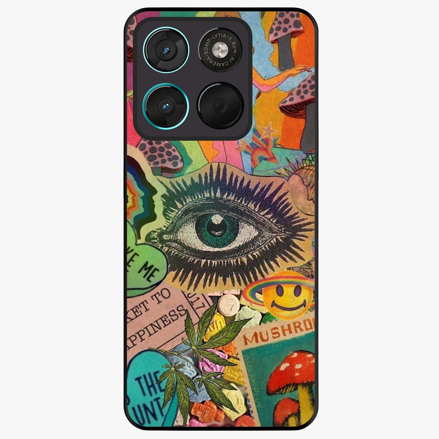 Mystic Eye Wonderland Glass Case showing flat back view with mystical eye themed artwork and glossy glass finish.