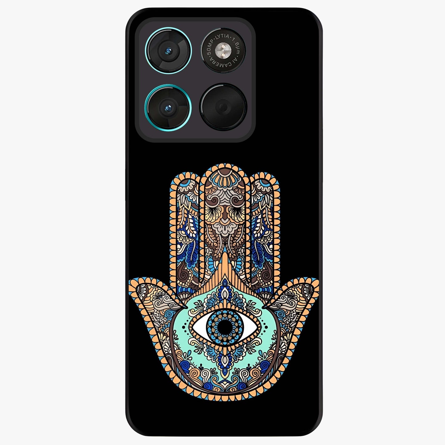 Mystic Hamsa Eye Glass Case showing flat back view with protective hamsa hand and evil eye artwork and glossy glass finish.