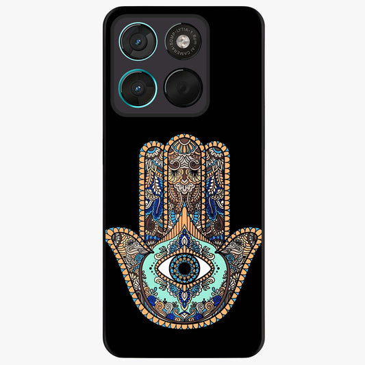 Mystic Hamsa Eye Glass Case showing flat back view with protective hamsa hand and evil eye artwork and glossy glass finish.