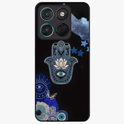 Mystic Hand Aura Glass Case showing flat back view with mystical hand symbol artwork and glossy glass finish.