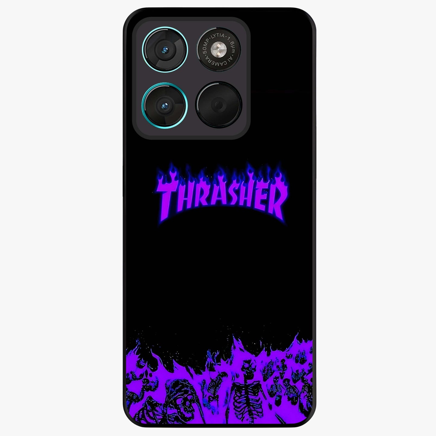 Neon Flame Riot Glass Case showing flat back view with neon flame artwork and glossy glass finish.