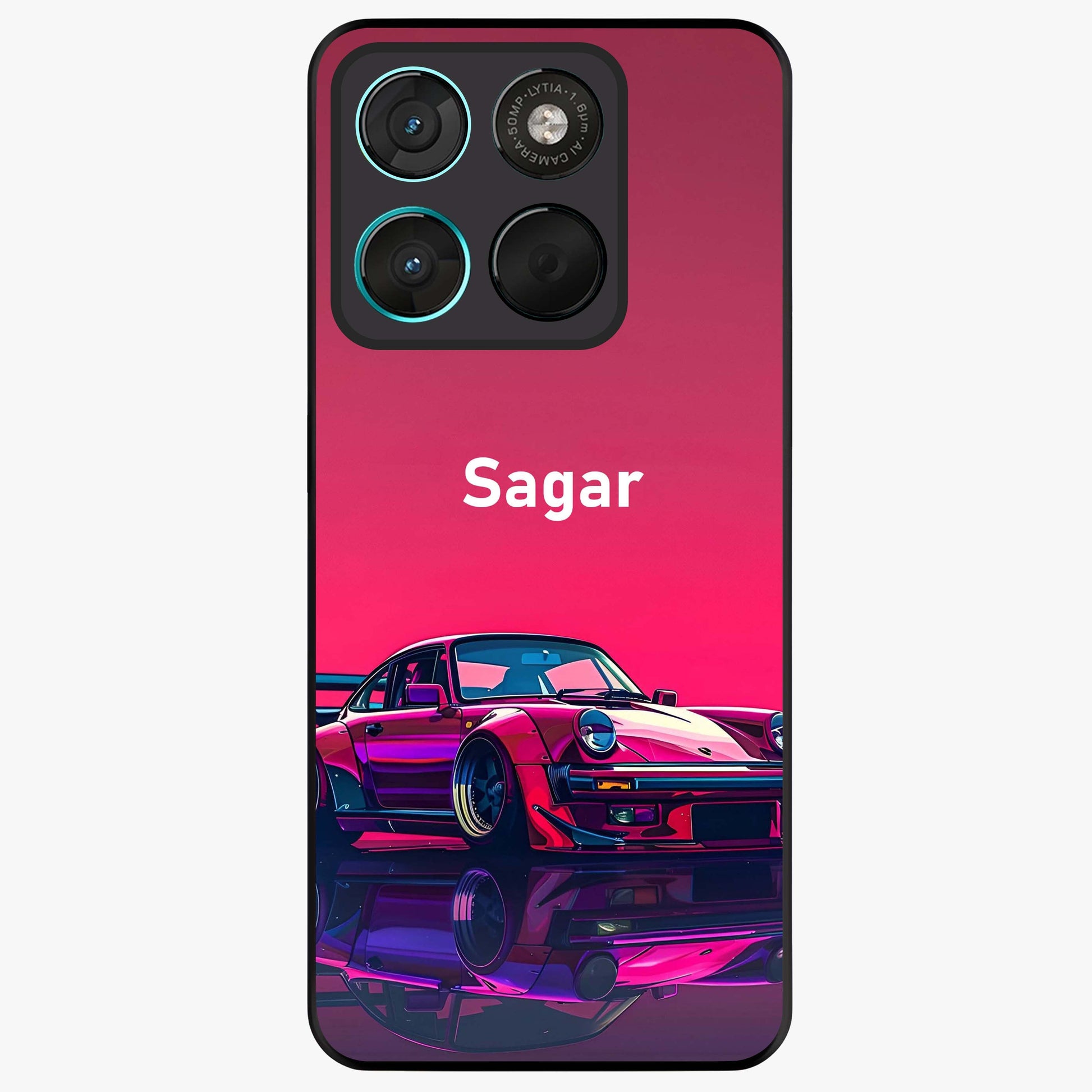 Neon Pink Porsche Glass Case showing flat back view with stylish sports car artwork and glossy glass finish.