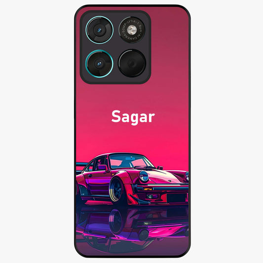 Neon Pink Porsche Glass Case showing flat back view with stylish sports car artwork and glossy glass finish.