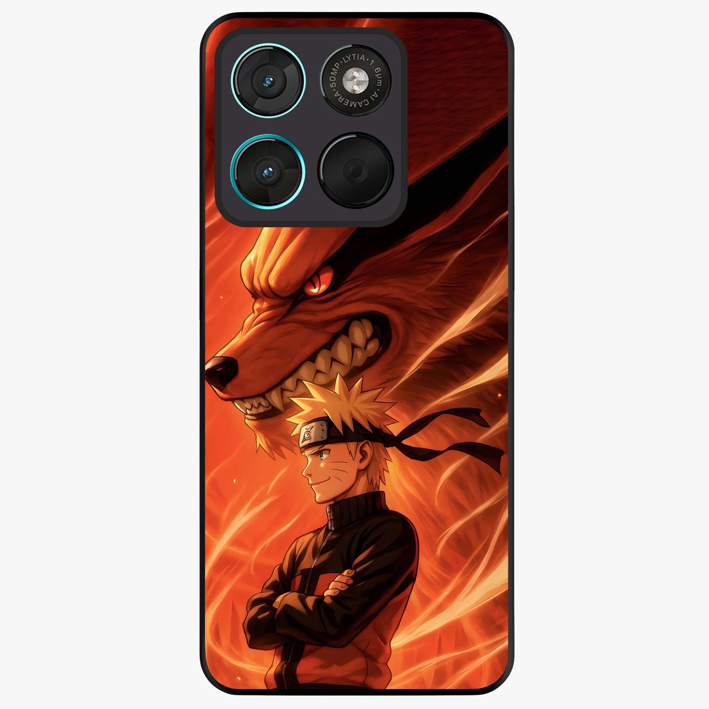 Nine Tails Legacy Glass Case showing flat back view with powerful nine-tailed fox inspired artwork and glossy glass finish.