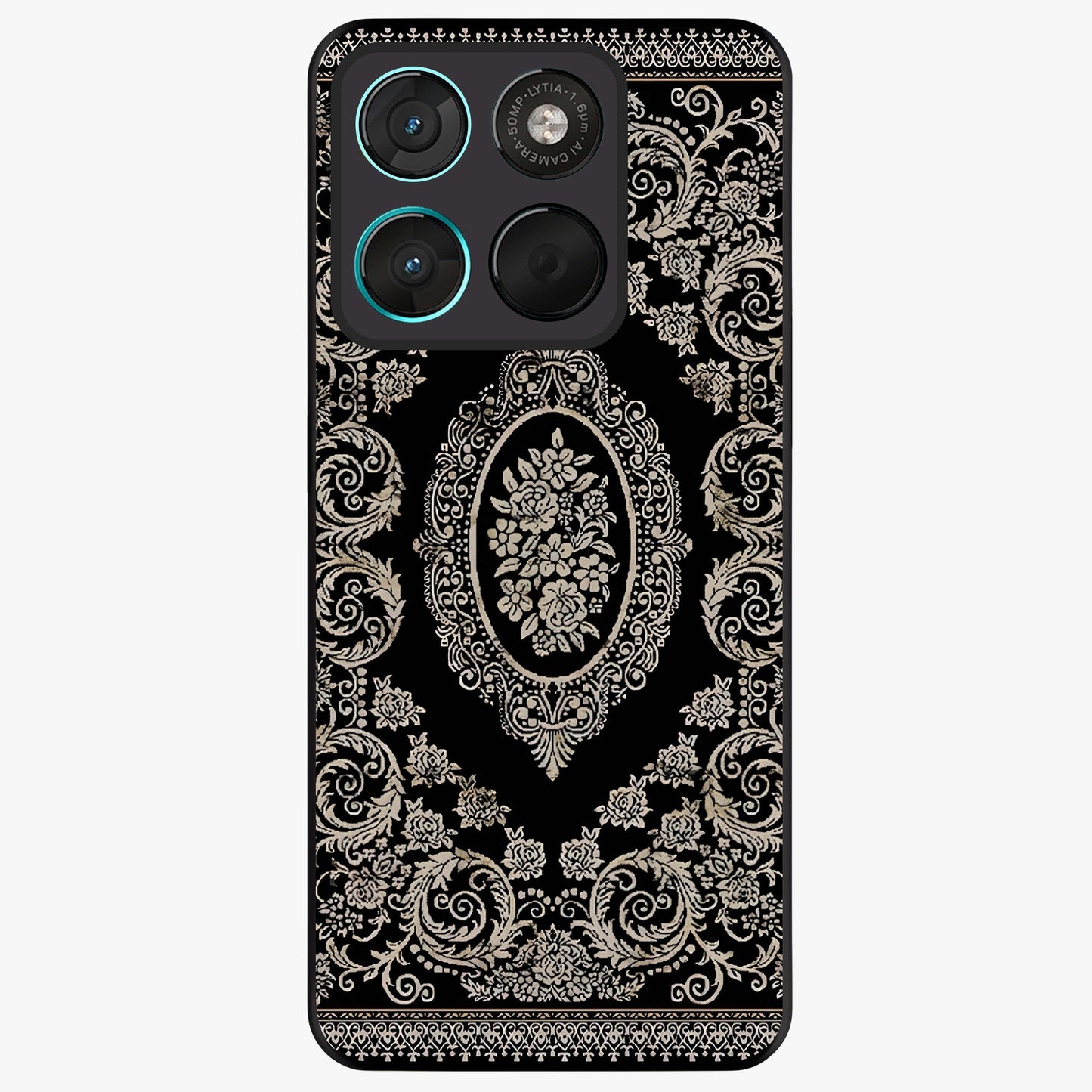 Noir Bloom Elegance Glass Case showing flat back view with elegant dark floral artwork and glossy glass finish.