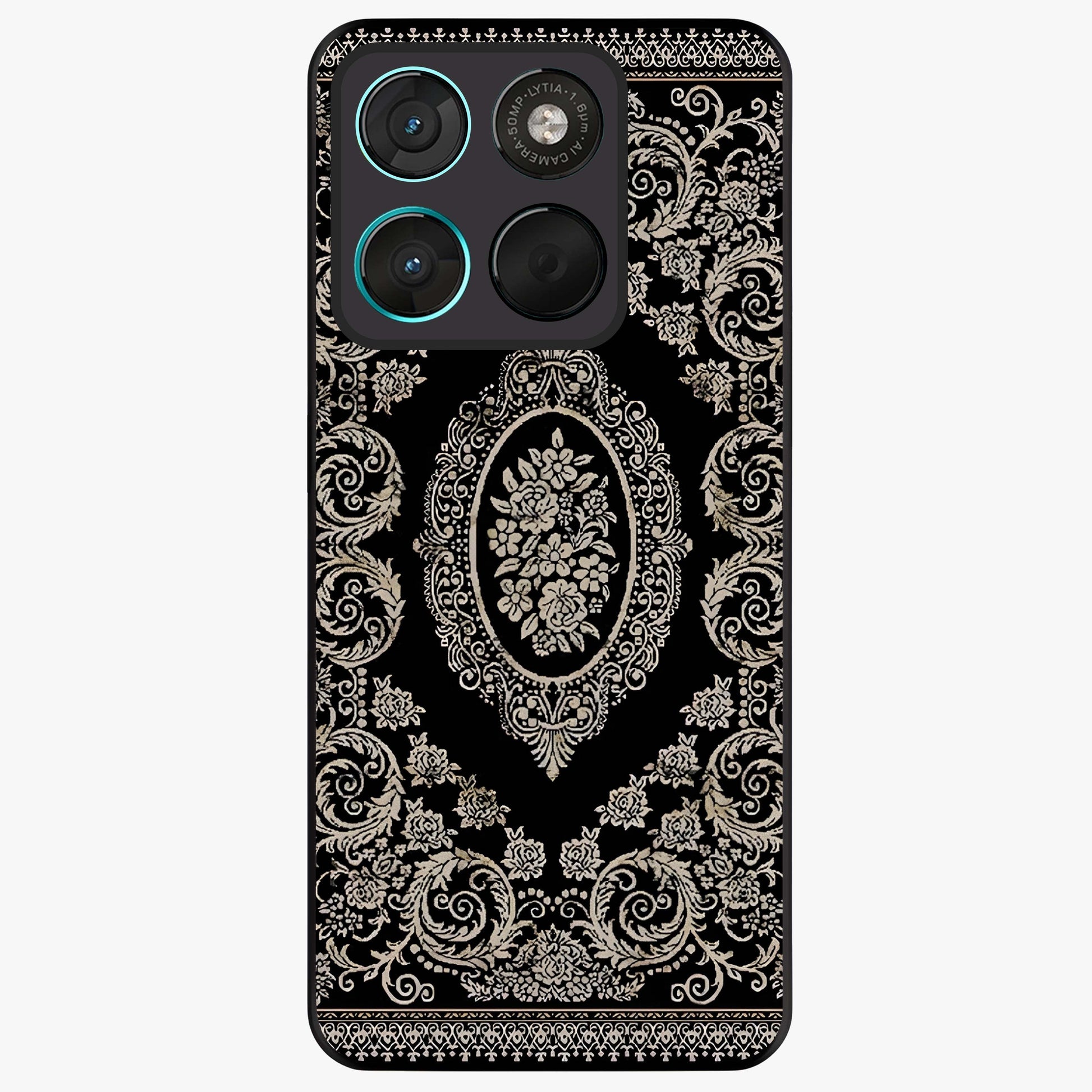 Noir Bloom Elegance Glass Case showing flat back view with elegant dark floral artwork and glossy glass finish.
