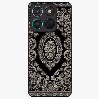 Noir Bloom Elegance Glass Case showing flat back view with elegant dark floral artwork and glossy glass finish.