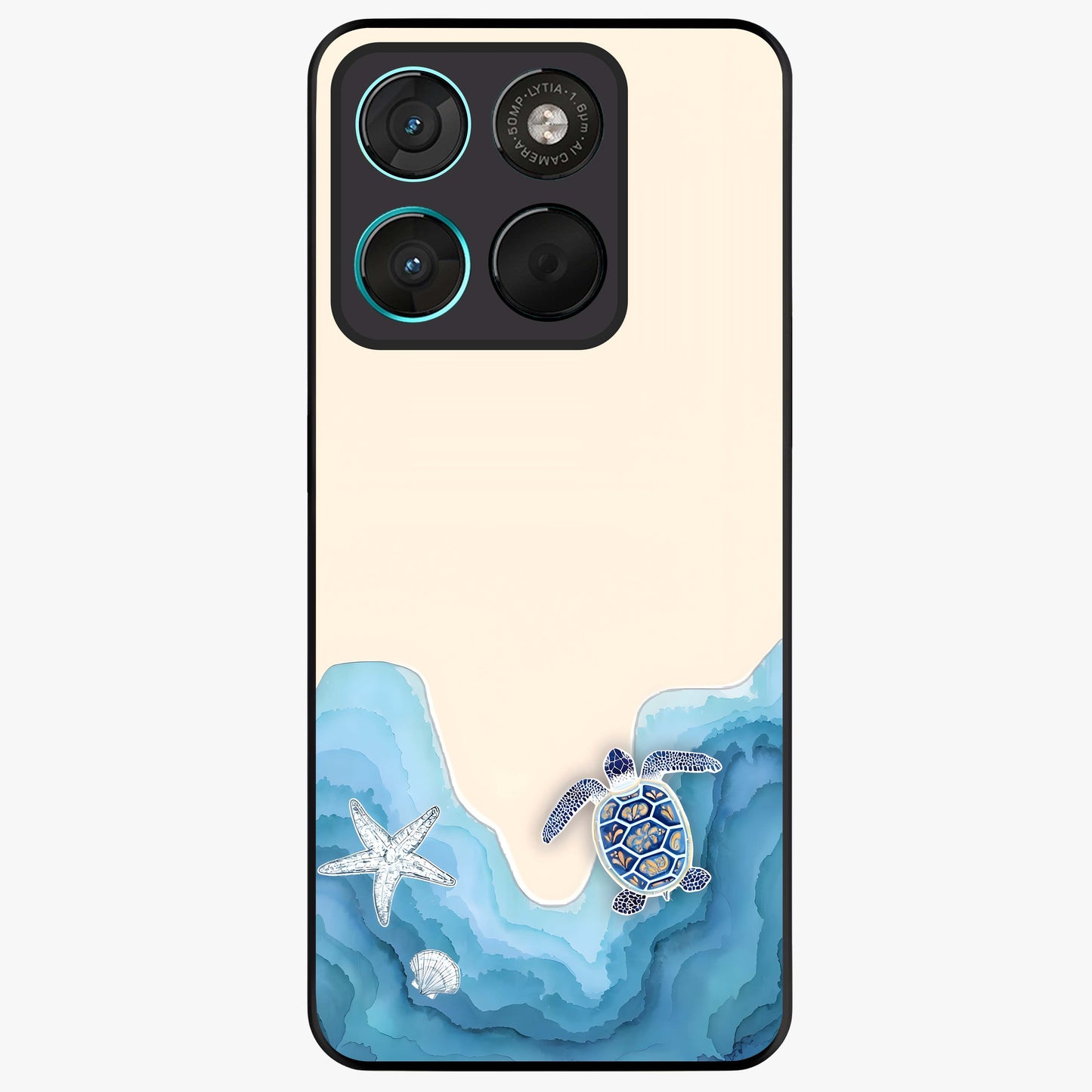 Ocean Drift Turtle Glass Case showing flat back view with sea turtle artwork and glossy glass finish.