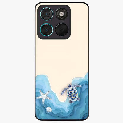 Ocean Drift Turtle Glass Case showing flat back view with sea turtle artwork and glossy glass finish.