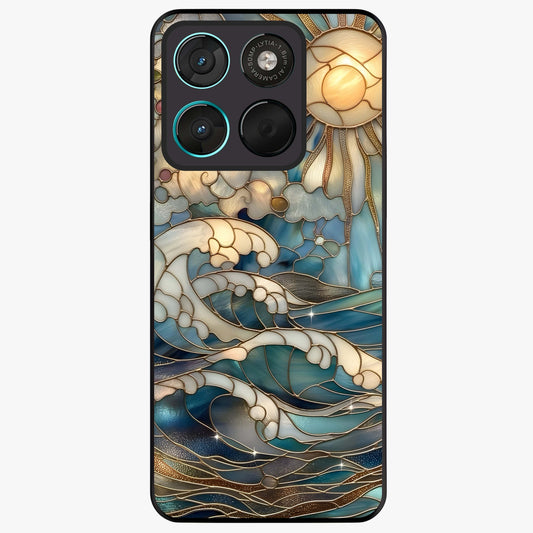 Oceanic Stained Printed Glass Case showing flat back view with ocean inspired stained pattern artwork and glossy glass finish.