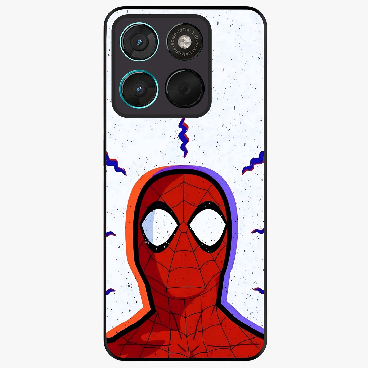 Omg Spiderman Glass Case showing flat back view with bold superhero inspired artwork and glossy glass finish.