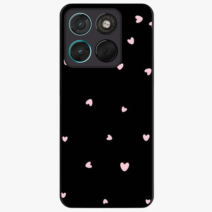 Pink Love Drops Glass Case showing flat back view with playful pink heart drops artwork and glossy glass finish.