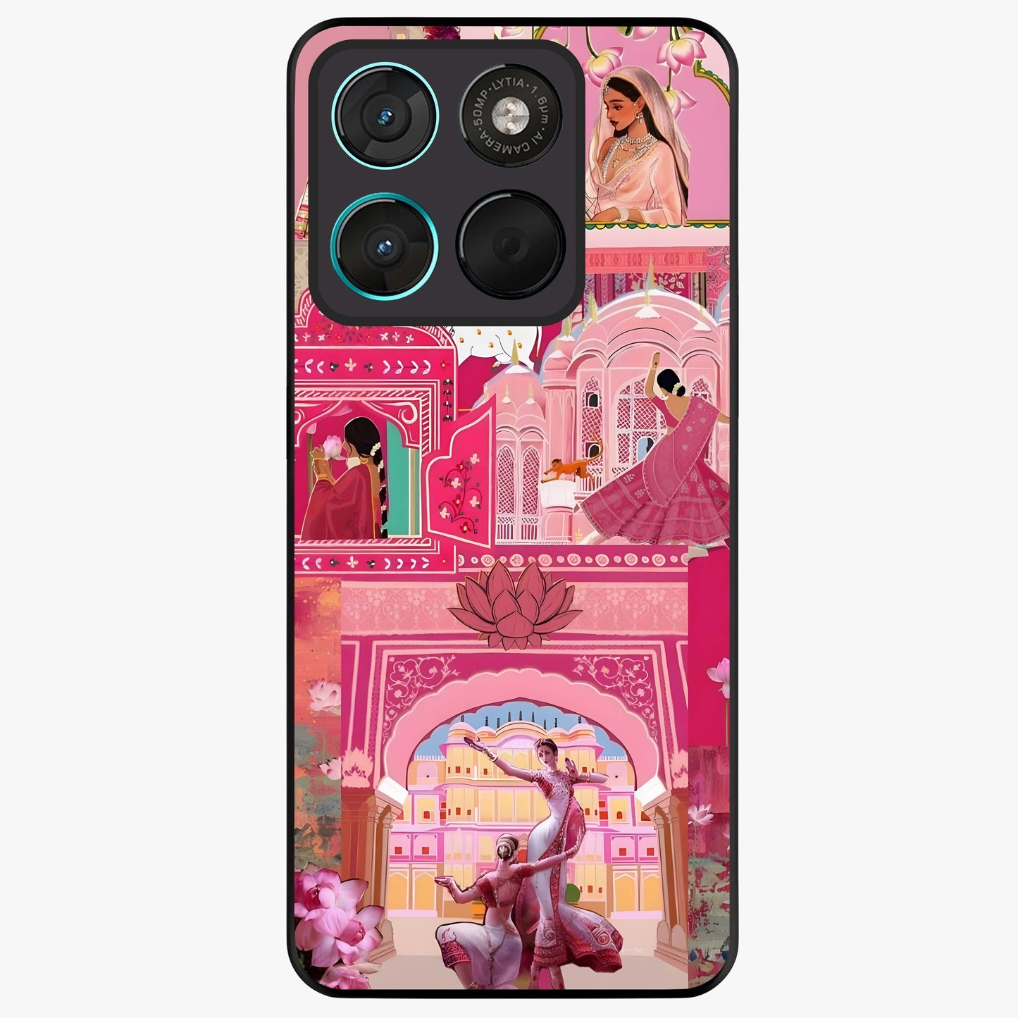 Pink Palace Muse Glass Case showing flat back view with elegant palace inspired artwork and glossy glass finish.