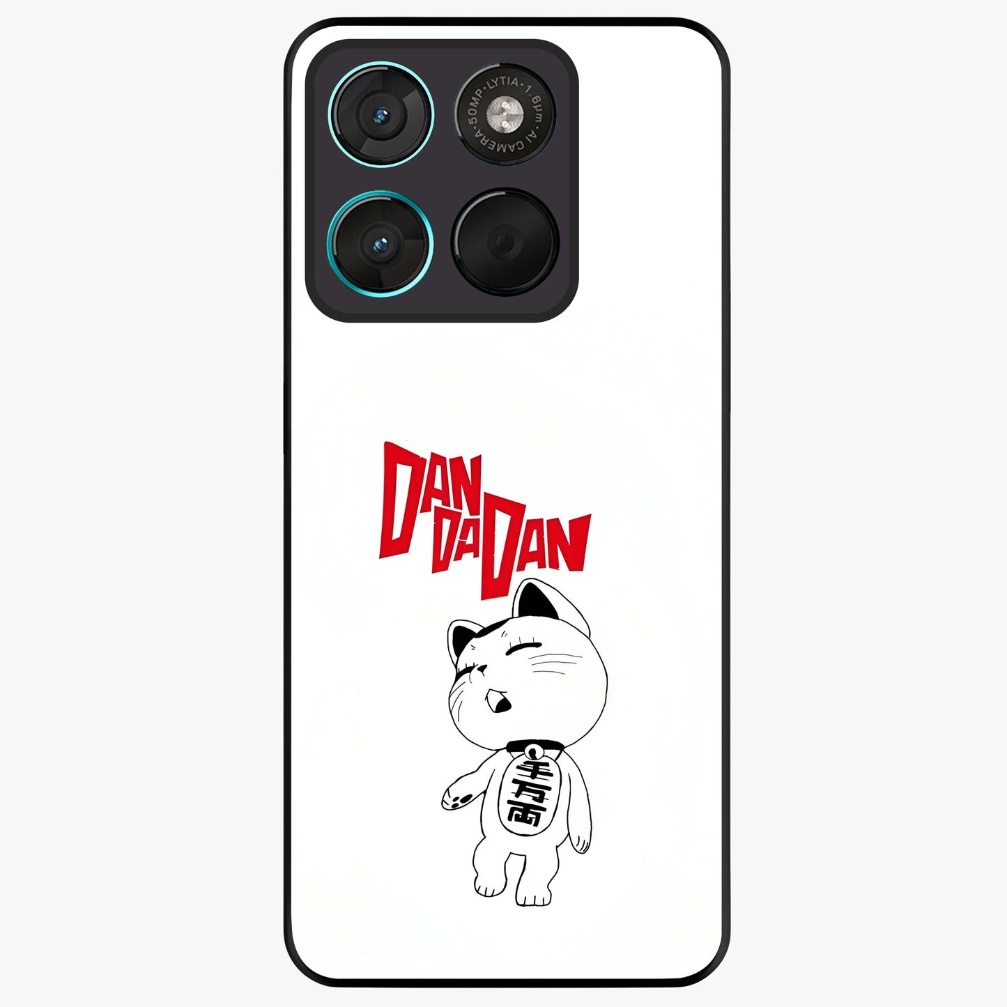 Playful Spirit Charm Glass Case showing flat back view with cheerful charm themed artwork and glossy glass finish.